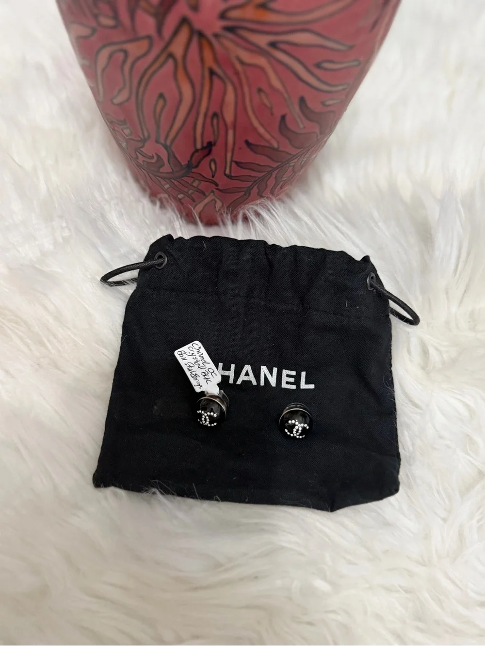CHANEL CC CRYSTAL BLACK RESIN BALL STUD EARRINGS